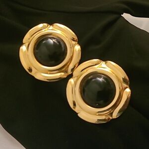 90s Earrings Unpierced Gold Tone Chunky Cabachon Black